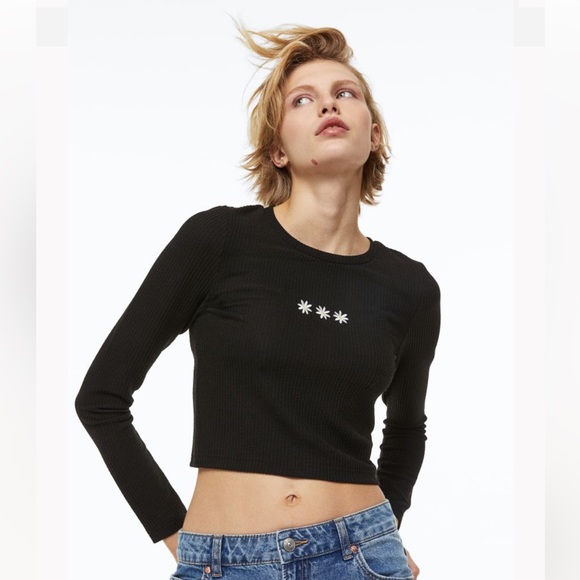 H&M Tops - H&M Women Embroidered Ribbed Long Sleeve Crop Top NWT